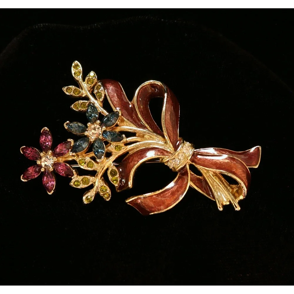 Monet Gold Tone Multicolored Floral Bouquet Brooch Enamel Rhinestone Ribbon Pin